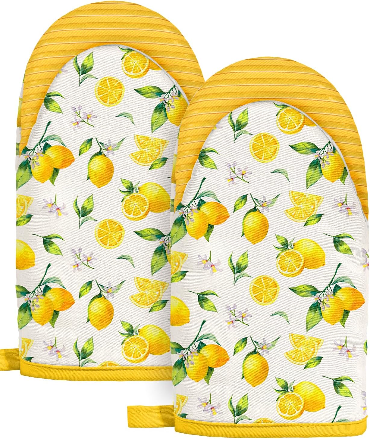 Lemon Mini Oven Mitts Set – Yellow Extended Short Heat Resistant Kitchen Gloves for Women, 100% Cotton Oven Mitts with Silicone Grips, Non-Slip and Thick Durable for Cooking & Baking