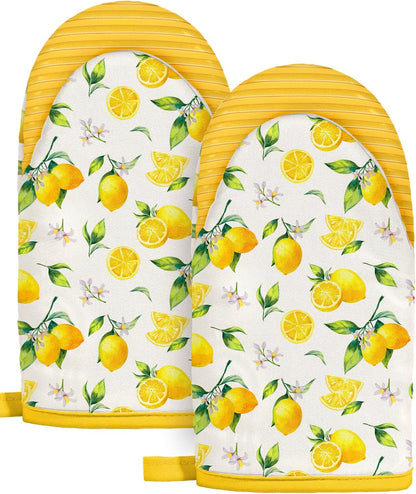 Lemon Mini Oven Mitts Set – Yellow Extended Short Heat Resistant Kitchen Gloves for Women, 100% Cotton Oven Mitts with Silicone Grips, Non-Slip and Thick Durable for Cooking & Baking