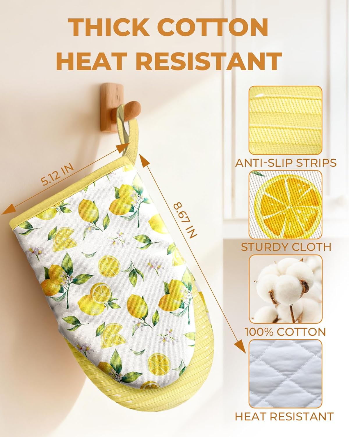 Lemon Mini Oven Mitts Set – Yellow Extended Short Heat Resistant Kitchen Gloves for Women, 100% Cotton Oven Mitts with Silicone Grips, Non-Slip and Thick Durable for Cooking & Baking