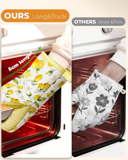 Lemon Mini Oven Mitts Set – Yellow Extended Short Heat Resistant Kitchen Gloves for Women, 100% Cotton Oven Mitts with Silicone Grips, Non-Slip and Thick Durable for Cooking & Baking