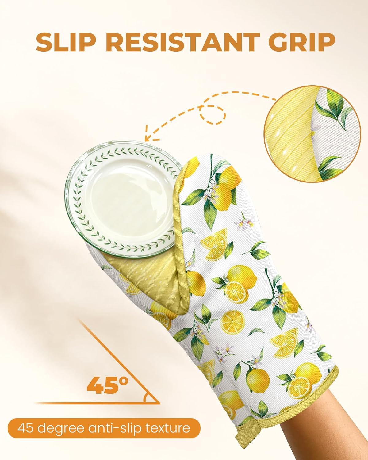 Lemon Mini Oven Mitts Set – Yellow Extended Short Heat Resistant Kitchen Gloves for Women, 100% Cotton Oven Mitts with Silicone Grips, Non-Slip and Thick Durable for Cooking & Baking