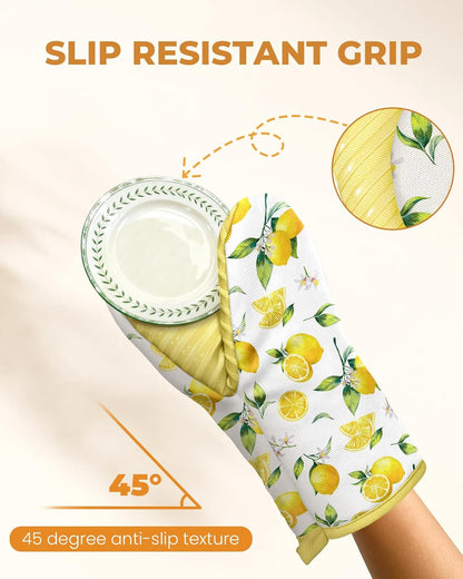 Lemon Mini Oven Mitts Set – Yellow Extended Short Heat Resistant Kitchen Gloves for Women, 100% Cotton Oven Mitts with Silicone Grips, Non-Slip and Thick Durable for Cooking & Baking