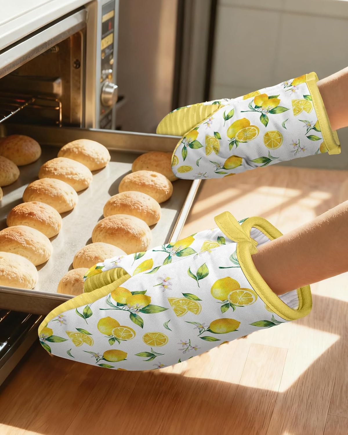 Lemon Mini Oven Mitts Set – Yellow Extended Short Heat Resistant Kitchen Gloves for Women, 100% Cotton Oven Mitts with Silicone Grips, Non-Slip and Thick Durable for Cooking & Baking