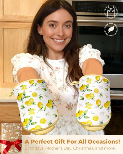 Lemon Mini Oven Mitts Set – Yellow Extended Short Heat Resistant Kitchen Gloves for Women, 100% Cotton Oven Mitts with Silicone Grips, Non-Slip and Thick Durable for Cooking & Baking