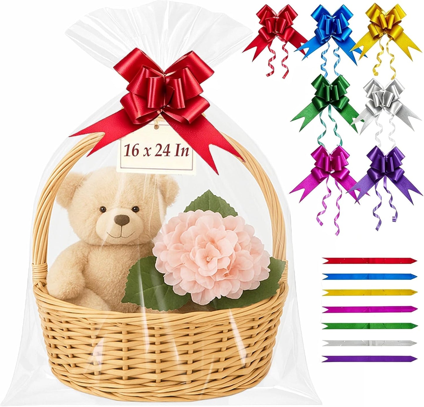 35 Pcs 16 x 24 Inches Cellophane Bags for Gift Baskets with 35 Colorful Pull Bows, Plastic Clear Basket Bags, Cellophane Wrap for Gift Baskets for Birthday, Wedding, Thanksgiving