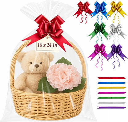 35 Pcs 16 x 24 Inches Cellophane Bags for Gift Baskets with 35 Colorful Pull Bows, Plastic Clear Basket Bags, Cellophane Wrap for Gift Baskets for Birthday, Wedding, Thanksgiving