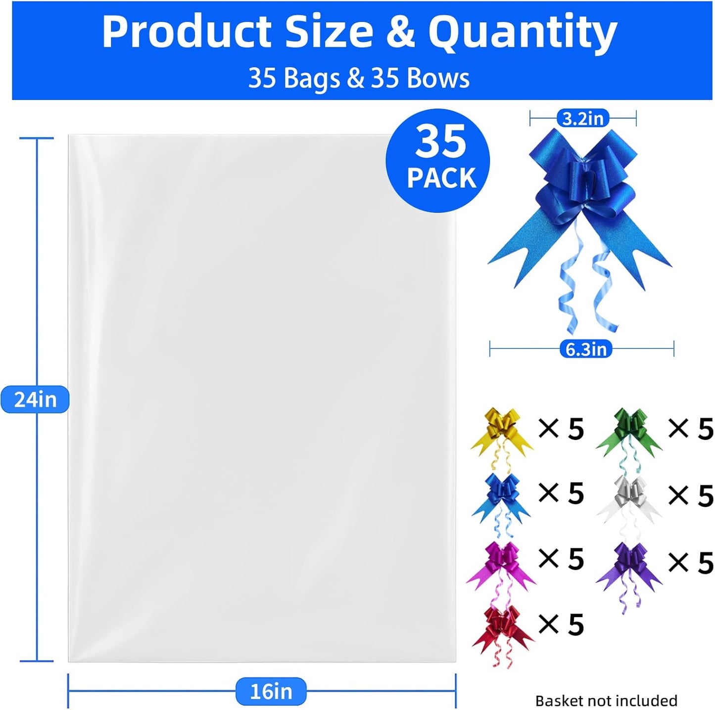 35 Pcs 16 x 24 Inches Cellophane Bags for Gift Baskets with 35 Colorful Pull Bows, Plastic Clear Basket Bags, Cellophane Wrap for Gift Baskets for Birthday, Wedding, Thanksgiving