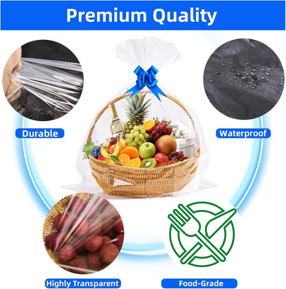 35 Pcs 16 x 24 Inches Cellophane Bags for Gift Baskets with 35 Colorful Pull Bows, Plastic Clear Basket Bags, Cellophane Wrap for Gift Baskets for Birthday, Wedding, Thanksgiving