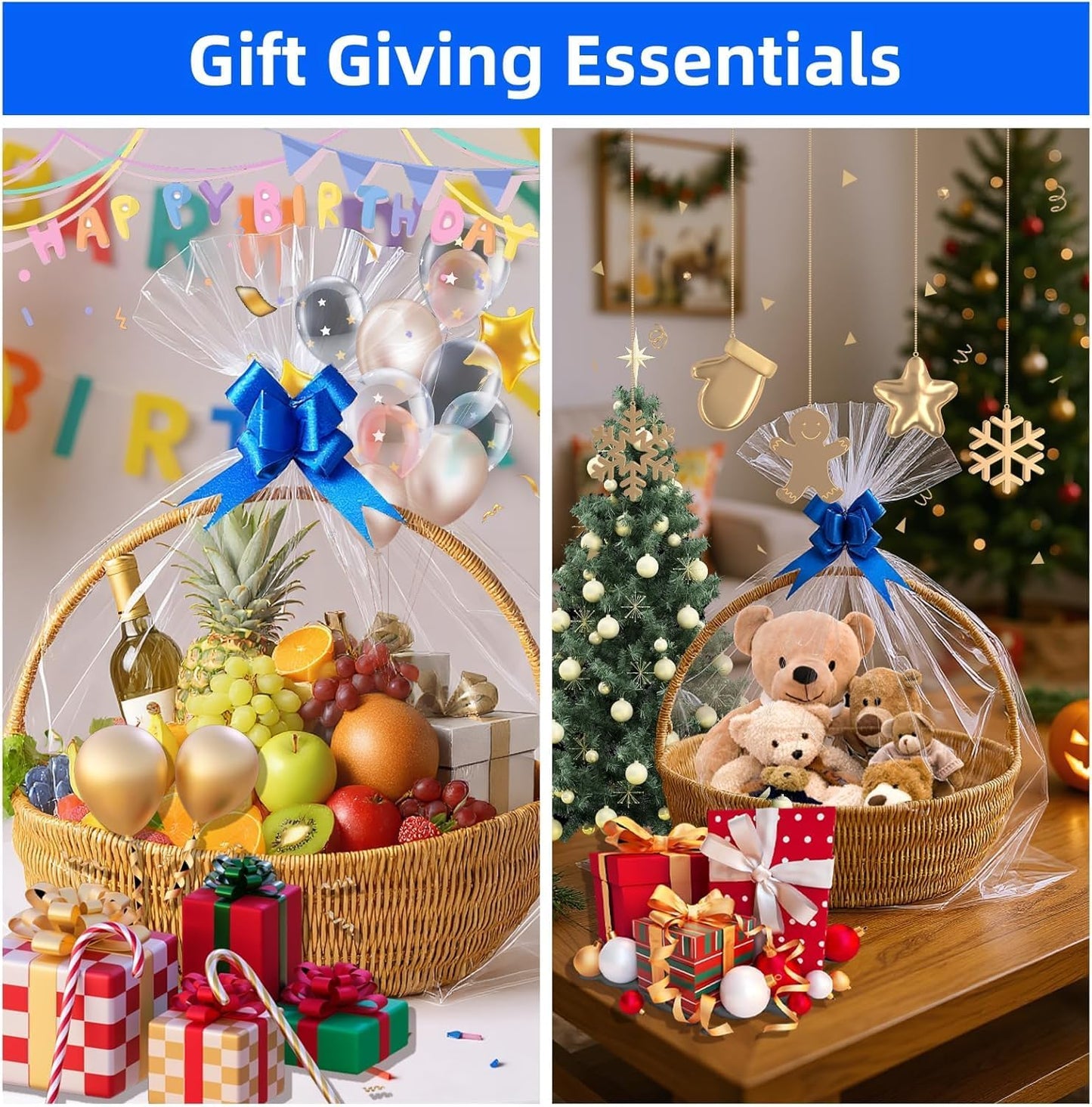 35 Pcs 16 x 24 Inches Cellophane Bags for Gift Baskets with 35 Colorful Pull Bows, Plastic Clear Basket Bags, Cellophane Wrap for Gift Baskets for Birthday, Wedding, Thanksgiving