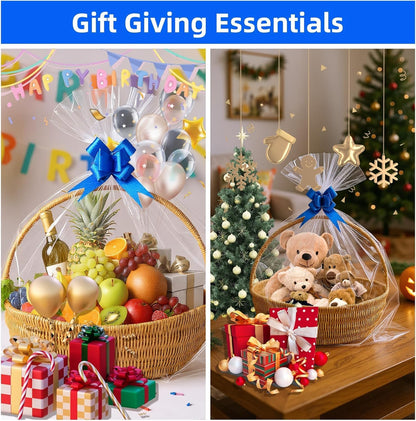 35 Pcs 16 x 24 Inches Cellophane Bags for Gift Baskets with 35 Colorful Pull Bows, Plastic Clear Basket Bags, Cellophane Wrap for Gift Baskets for Birthday, Wedding, Thanksgiving