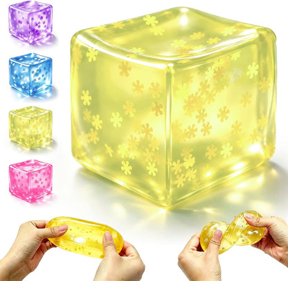 Ice Cube Squishy, Fidget Toy Stress Cube with Snowflakes, Slow Rise Sensory Toys, Squishy Cube for Kids Adults Party Favors Birthday Gift (Yellow)
