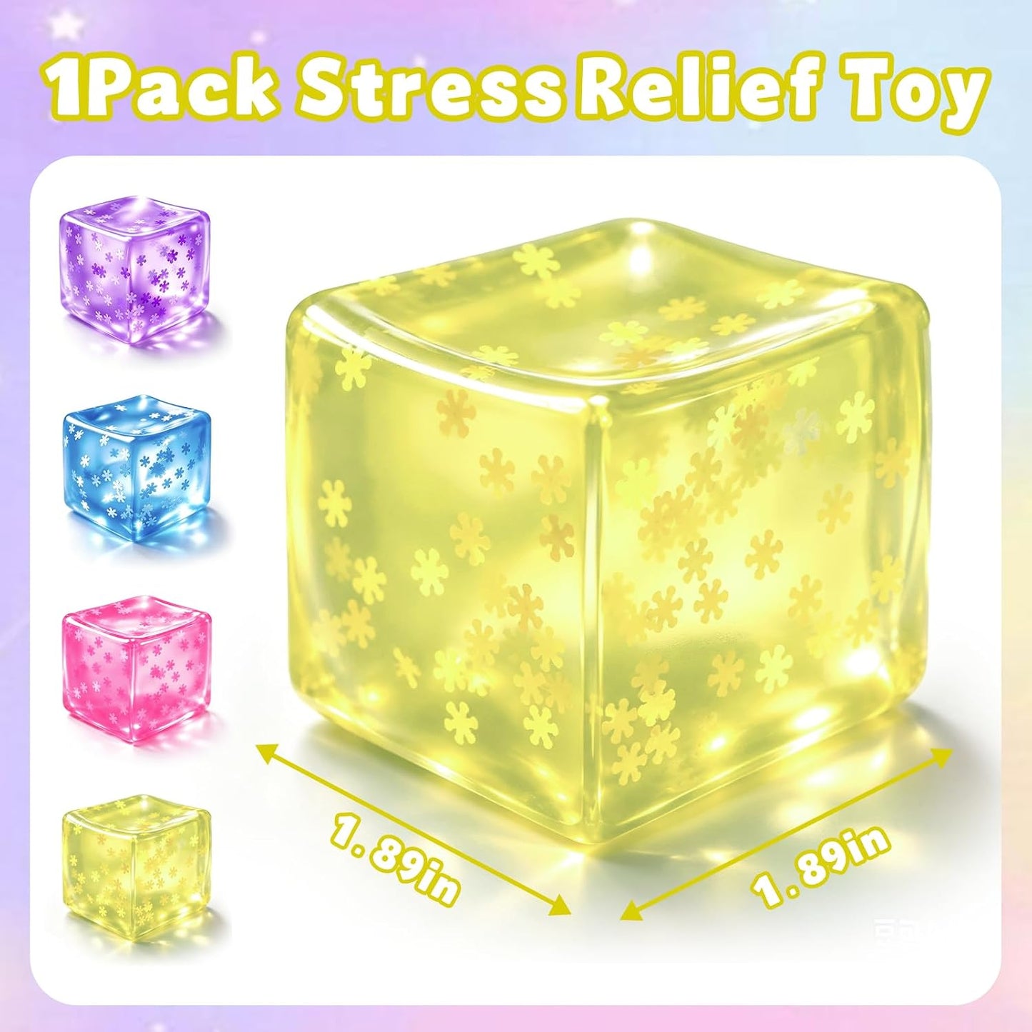 Ice Cube Squishy, Fidget Toy Stress Cube with Snowflakes, Slow Rise Sensory Toys, Squishy Cube for Kids Adults Party Favors Birthday Gift (Yellow)