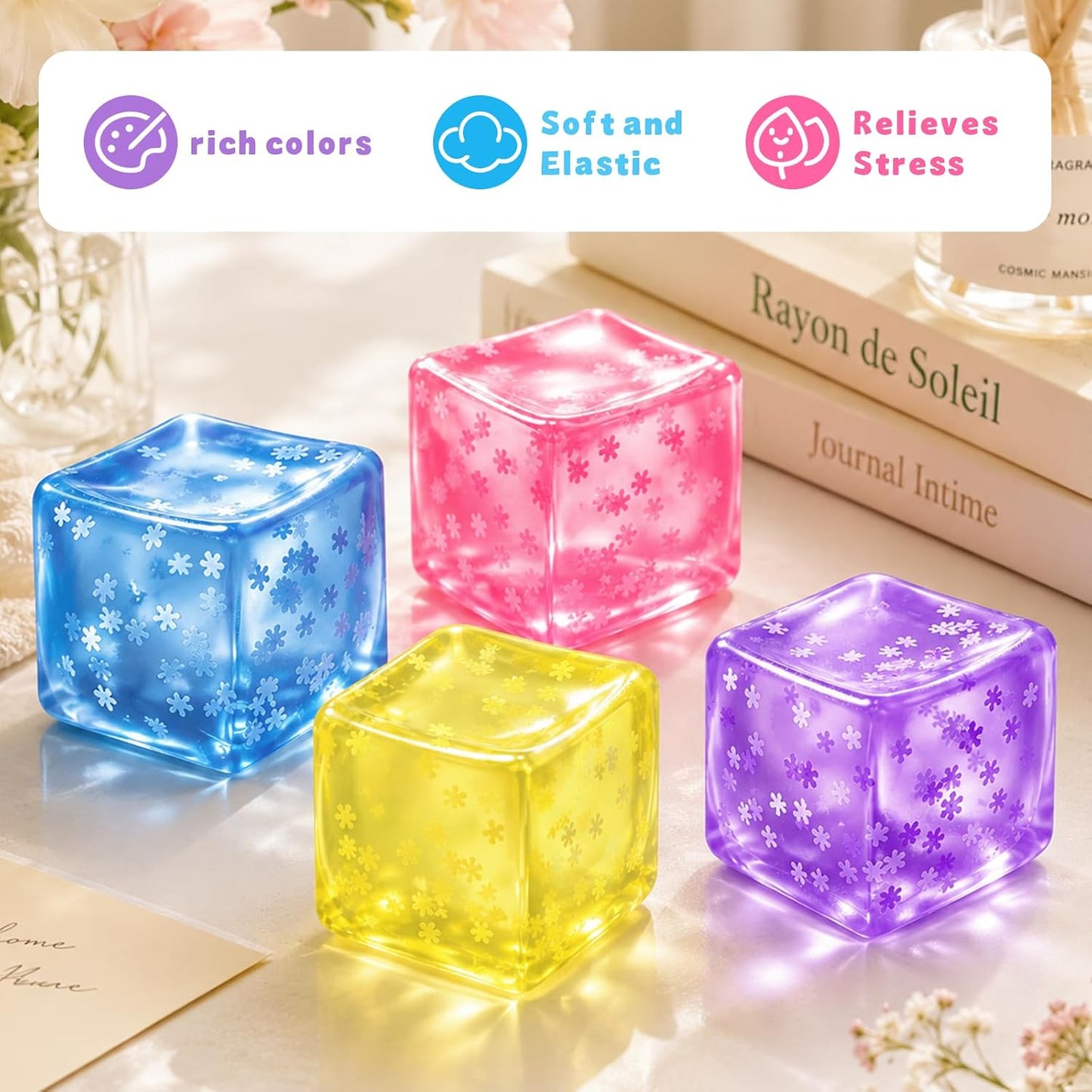 Ice Cube Squishy, Fidget Toy Stress Cube with Snowflakes, Slow Rise Sensory Toys, Squishy Cube for Kids Adults Party Favors Birthday Gift (Yellow)
