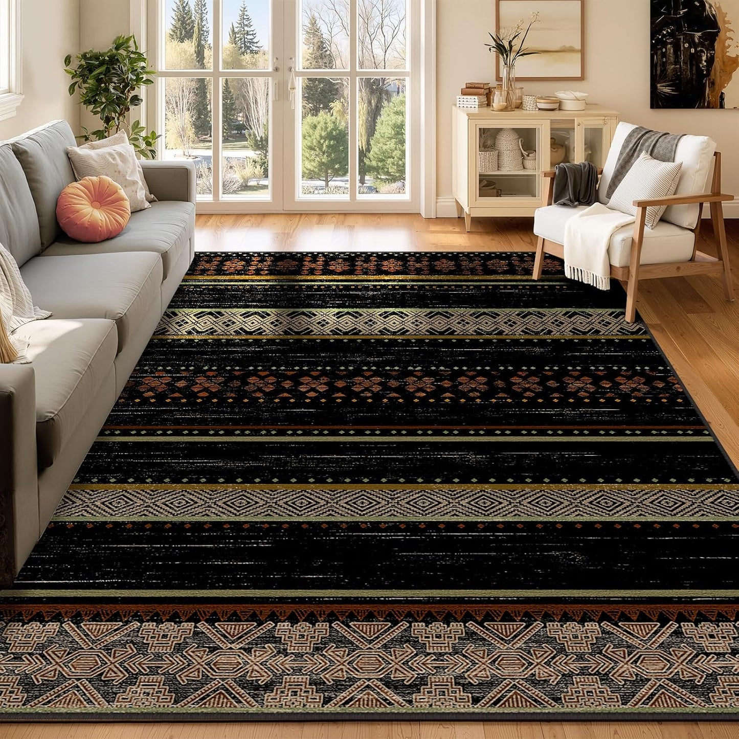 5x7 Area Rugs for Living Room Washable Moroccan Farmhouse Neutral Geometric Low Pile Non-Slip Soft Print Pattern Rug for Bedroom Kitchen Dining Room Entryway Black/Red/Brown/Cream/Yellow