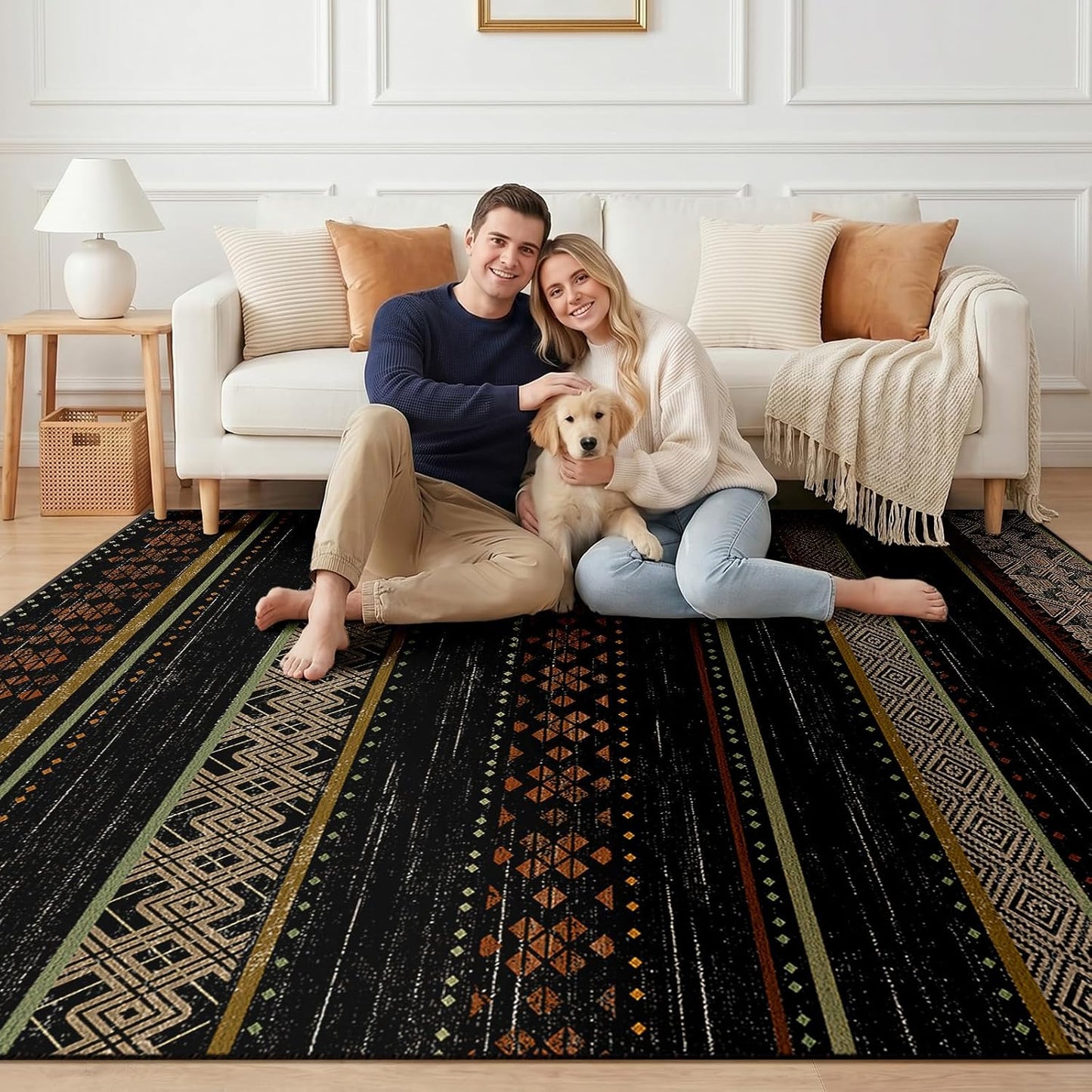 5x7 Area Rugs for Living Room Washable Moroccan Farmhouse Neutral Geometric Low Pile Non-Slip Soft Print Pattern Rug for Bedroom Kitchen Dining Room Entryway Black/Red/Brown/Cream/Yellow