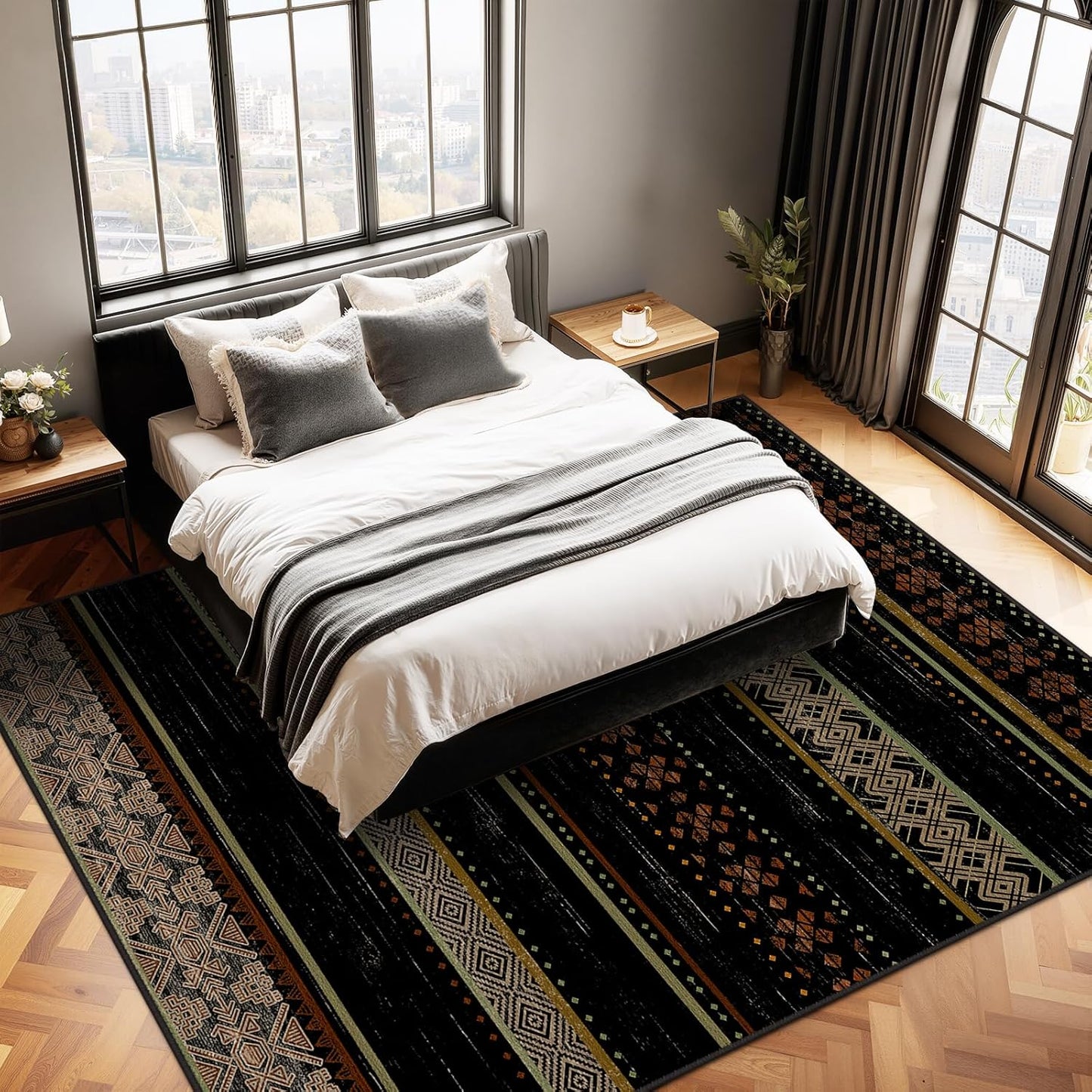 5x7 Area Rugs for Living Room Washable Moroccan Farmhouse Neutral Geometric Low Pile Non-Slip Soft Print Pattern Rug for Bedroom Kitchen Dining Room Entryway Black/Red/Brown/Cream/Yellow