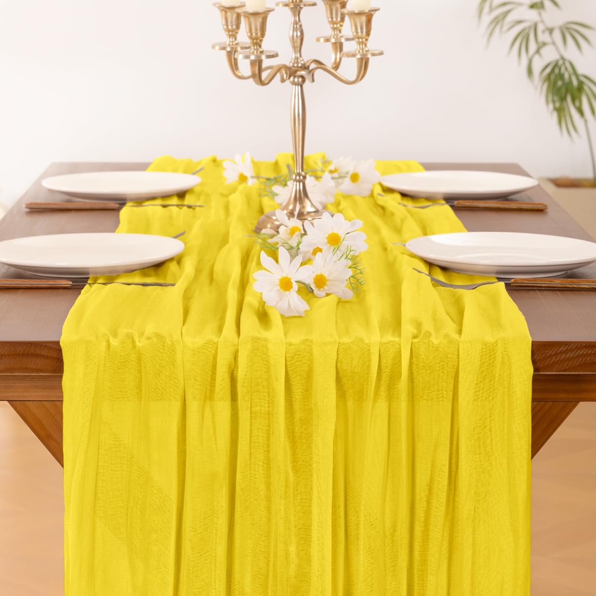 Yellow Cheesecloth Table Runner Summer Boho Rustic Gauze 120 inch 10FT Cheese Cloth Sheer Runner for Wedding Party Baby Shower Birthday Home Decor