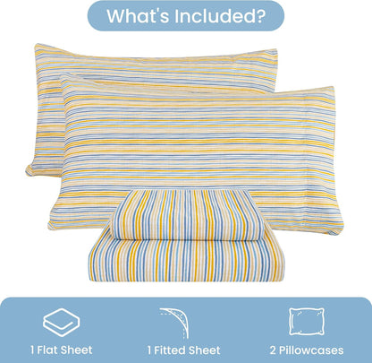 Striped Queen Bed Sheets, Deep Pocket 4 Piece Queen Sheet Set, Soft Microfiber Blue Yellow Pinstripe Bedding Sheets & Pillowcases
