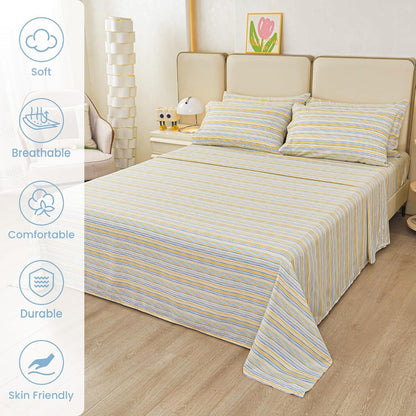 Striped Queen Bed Sheets, Deep Pocket 4 Piece Queen Sheet Set, Soft Microfiber Blue Yellow Pinstripe Bedding Sheets & Pillowcases