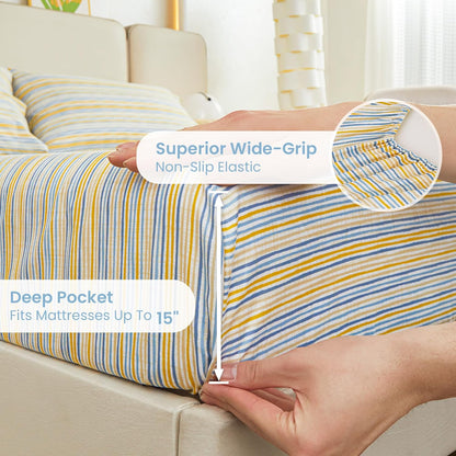 Striped Queen Bed Sheets, Deep Pocket 4 Piece Queen Sheet Set, Soft Microfiber Blue Yellow Pinstripe Bedding Sheets & Pillowcases