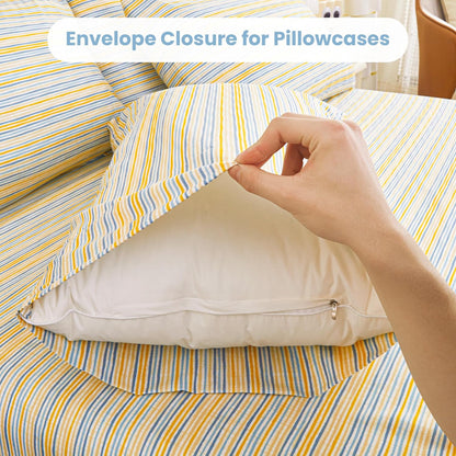 Striped Queen Bed Sheets, Deep Pocket 4 Piece Queen Sheet Set, Soft Microfiber Blue Yellow Pinstripe Bedding Sheets & Pillowcases