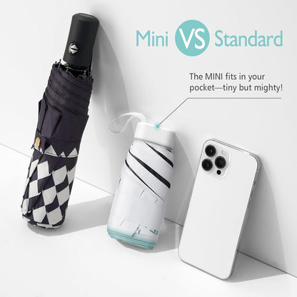 Compact Mini Umbrella for Purse - Lightweight, Pocket-Sized Travel Umbrella with Black UV Coating for Sun Protection