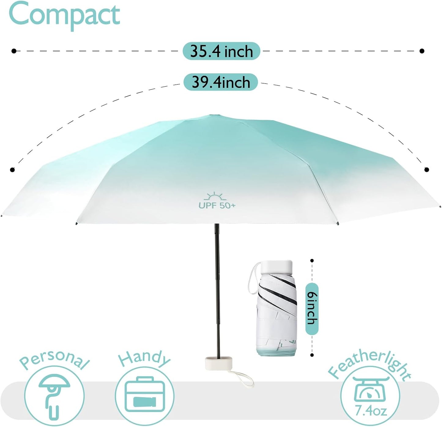 Compact Mini Umbrella for Purse - Lightweight, Pocket-Sized Travel Umbrella with Black UV Coating for Sun Protection
