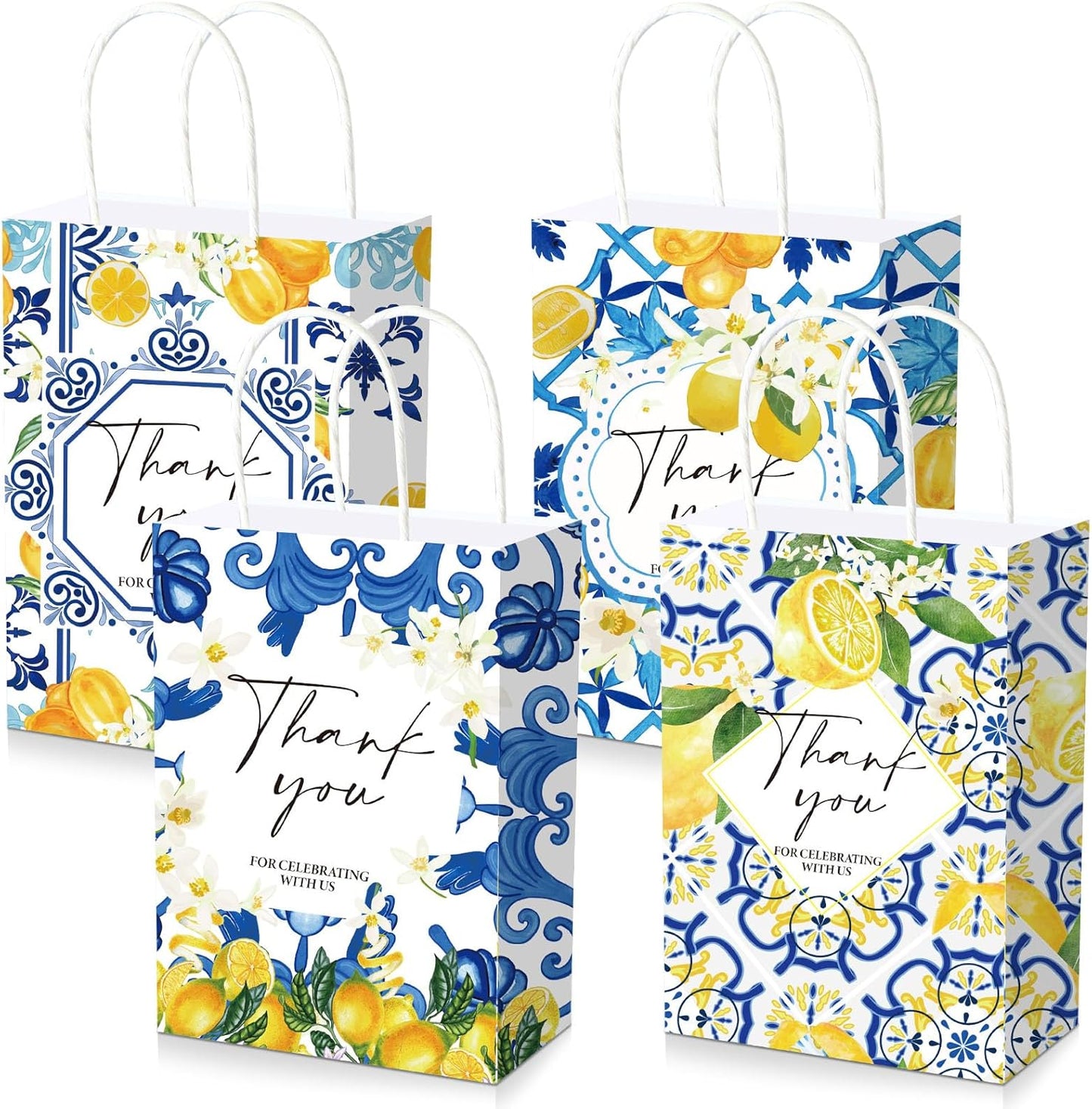 24 Pcs Lemon Gift Bags Thank You Amalfi Coast Wedding Bags Bulk Capri Blue Tile Yellow Lemon Party Decorations for Graduation Birthday Bridal Shower Italian Mediterranean Favors Supplies