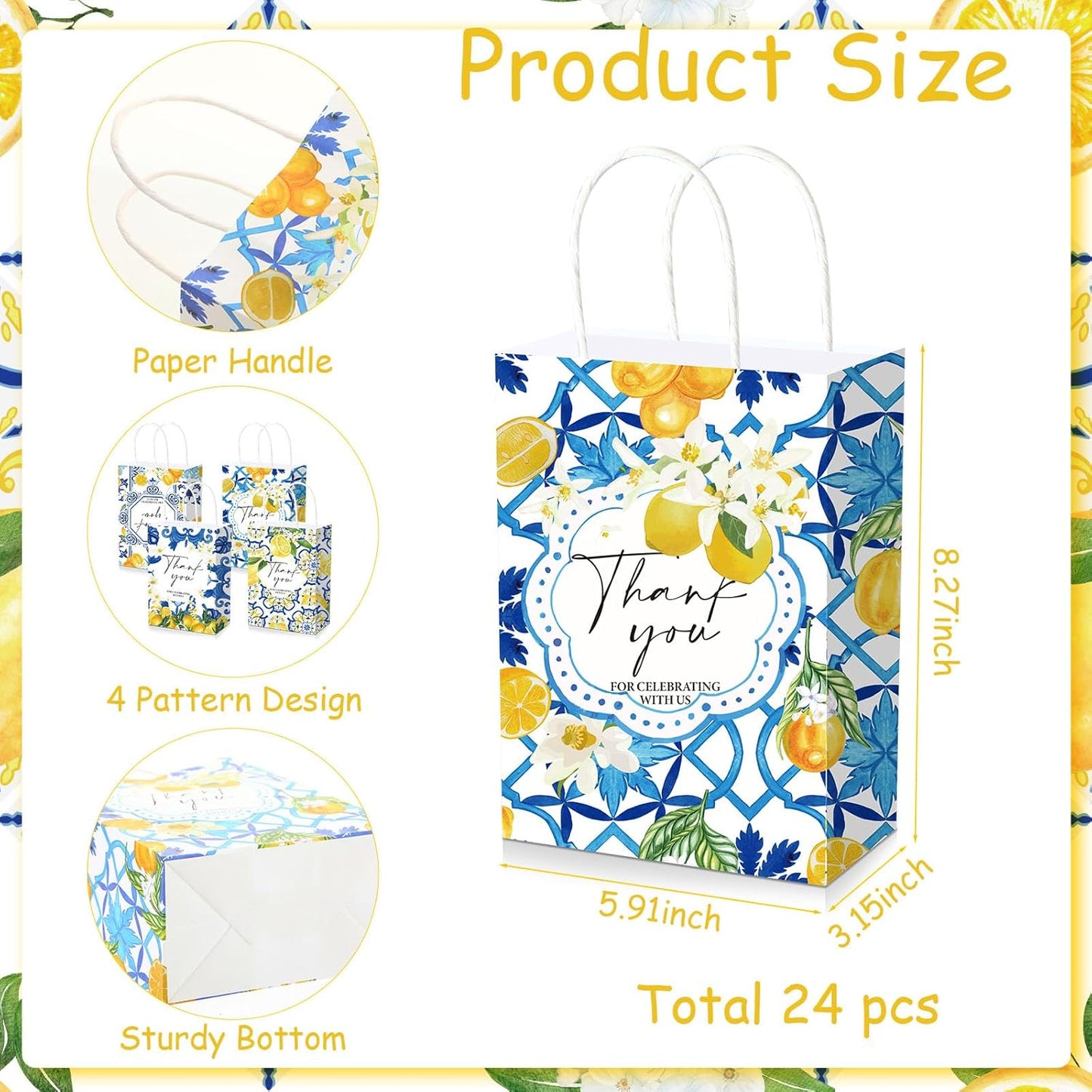 24 Pcs Lemon Gift Bags Thank You Amalfi Coast Wedding Bags Bulk Capri Blue Tile Yellow Lemon Party Decorations for Graduation Birthday Bridal Shower Italian Mediterranean Favors Supplies