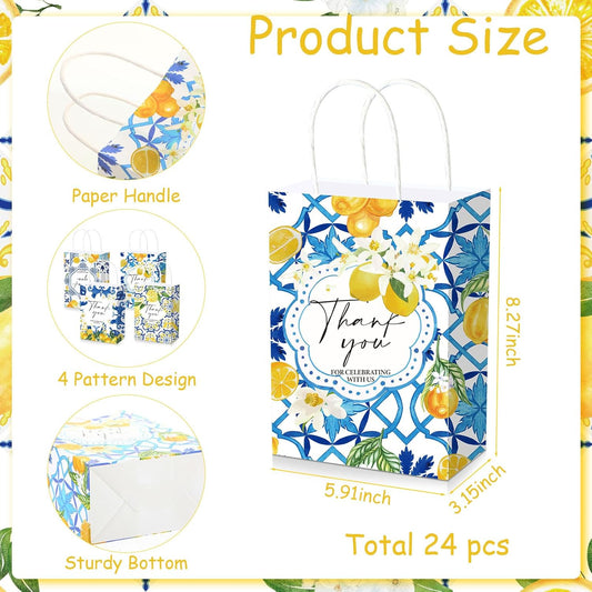 24 Pcs Lemon Gift Bags Thank You Amalfi Coast Wedding Bags Bulk Capri Blue Tile Yellow Lemon Party Decorations for Graduation Birthday Bridal Shower Italian Mediterranean Favors Supplies