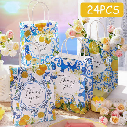24 Pcs Lemon Gift Bags Thank You Amalfi Coast Wedding Bags Bulk Capri Blue Tile Yellow Lemon Party Decorations for Graduation Birthday Bridal Shower Italian Mediterranean Favors Supplies