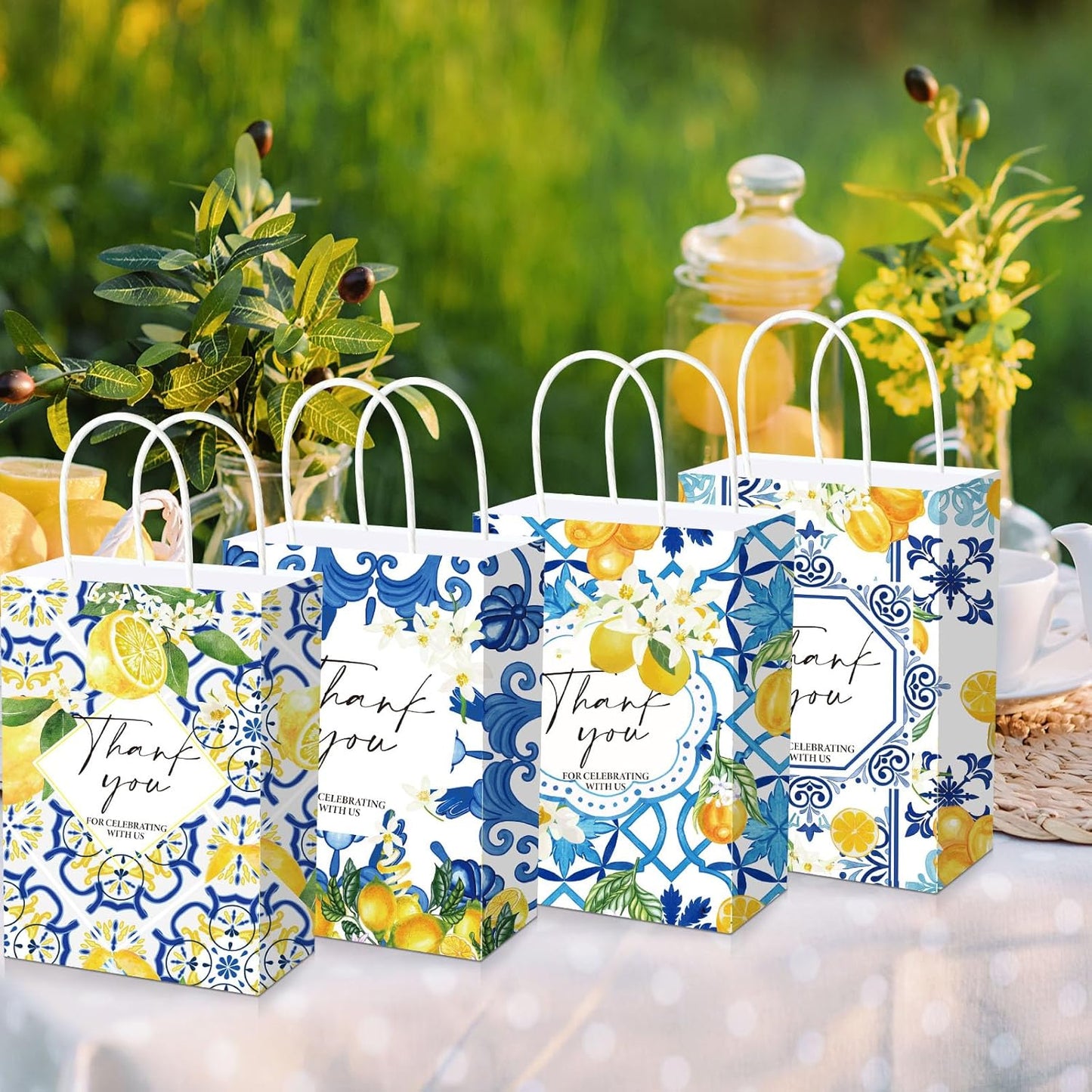 24 Pcs Lemon Gift Bags Thank You Amalfi Coast Wedding Bags Bulk Capri Blue Tile Yellow Lemon Party Decorations for Graduation Birthday Bridal Shower Italian Mediterranean Favors Supplies