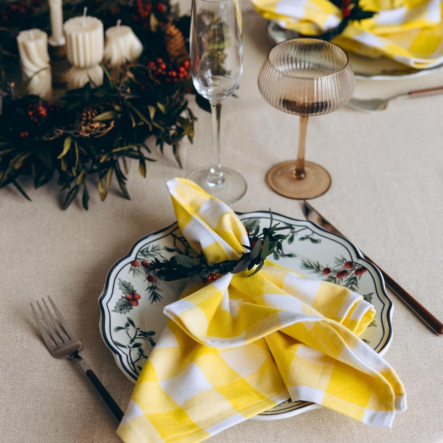 Yellow Cloth Napkins - Reusable Yellow Cotton Napkins - 100% Cotton, 12-Pack, 20"x20", Washable Checkered Plaid Table Napkins for Everyday Use and Parties, Weddings and Baby Showers (12 Pack)