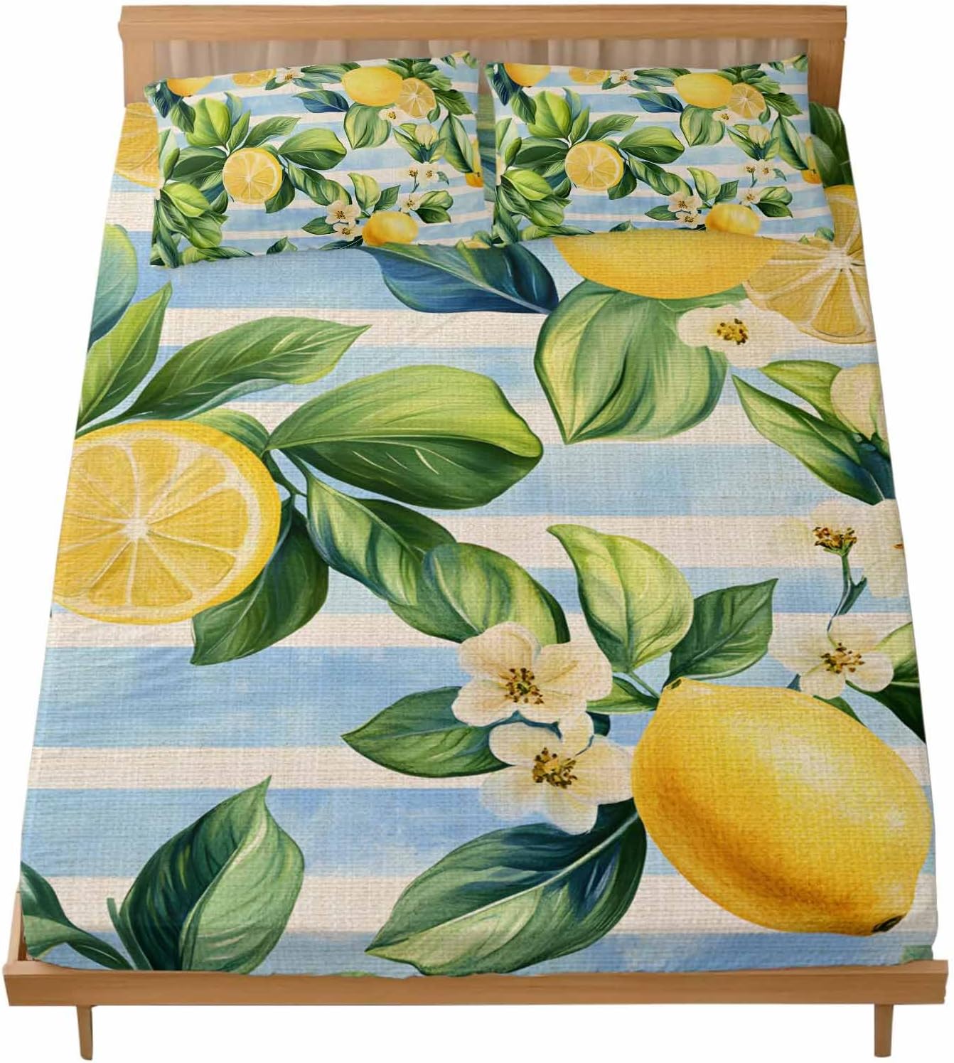 Twin Fitted Sheet and Pillowcase Set, Yellow Lemon Soft Bed Fitted Sheets - Deep Pocket Fits Mattress Up to 16", Summer Botanical Fruit Blue Striped Bedding Set with 1 Pillow Case