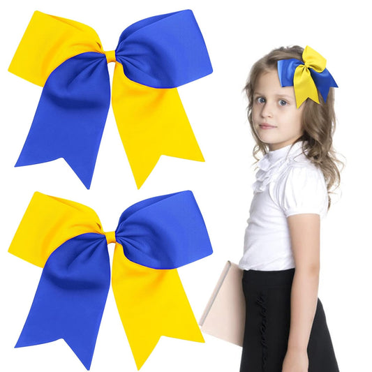 2PCS 8" Jumbo Cheer Bow Clip with Tails, Large Cheerleading Hair Bows for Girls Teen Softball Cheerleader Outfit Uniform (Yellow/Blue)