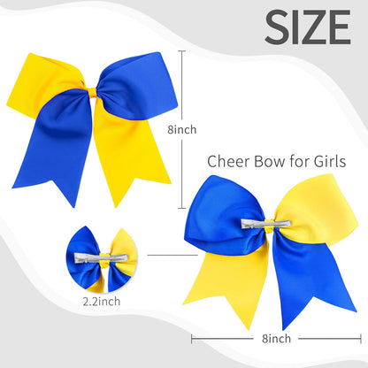 2PCS 8" Jumbo Cheer Bow Clip with Tails, Large Cheerleading Hair Bows for Girls Teen Softball Cheerleader Outfit Uniform (Yellow/Blue)