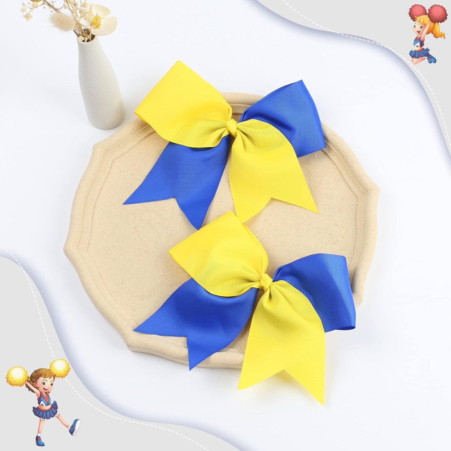 2PCS 8" Jumbo Cheer Bow Clip with Tails, Large Cheerleading Hair Bows for Girls Teen Softball Cheerleader Outfit Uniform (Yellow/Blue)