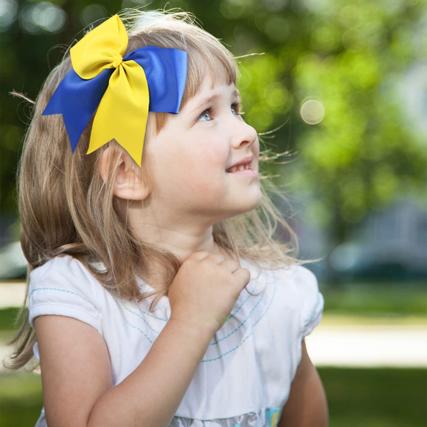 2PCS 8" Jumbo Cheer Bow Clip with Tails, Large Cheerleading Hair Bows for Girls Teen Softball Cheerleader Outfit Uniform (Yellow/Blue)