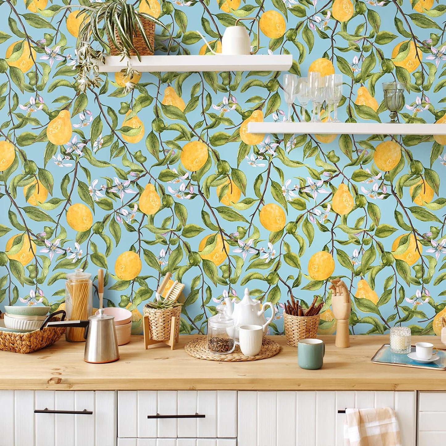 Pink Lemon Wallpaper Stick and Peel Waterproof Citrus Fruit Wallpaper for Kitchen Bedroom Nursery 17.7''x118'' Removable Pink Floral Wallpaper Prepasted Lemon Contact Paper for Cabinets Drawer