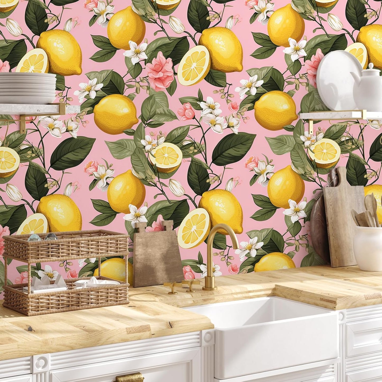 Pink Lemon Wallpaper Stick and Peel Waterproof Citrus Fruit Wallpaper for Kitchen Bedroom Nursery 17.7''x118'' Removable Pink Floral Wallpaper Prepasted Lemon Contact Paper for Cabinets Drawer