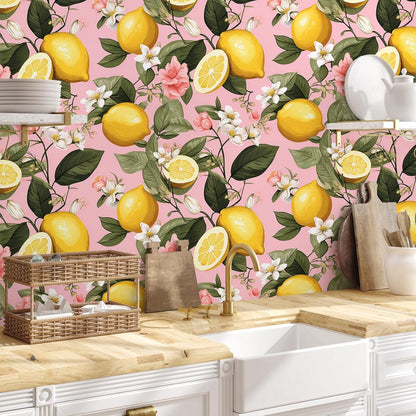 Pink Lemon Wallpaper Stick and Peel Waterproof Citrus Fruit Wallpaper for Kitchen Bedroom Nursery 17.7''x118'' Removable Pink Floral Wallpaper Prepasted Lemon Contact Paper for Cabinets Drawer