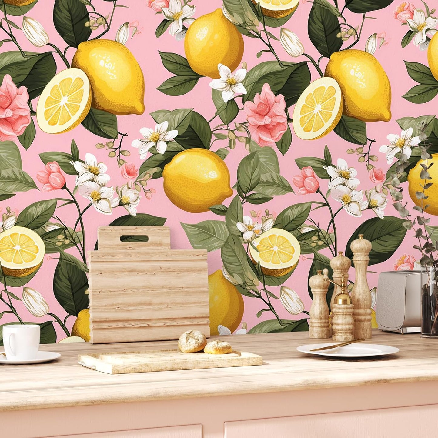 Pink Lemon Wallpaper Stick and Peel Waterproof Citrus Fruit Wallpaper for Kitchen Bedroom Nursery 17.7''x118'' Removable Pink Floral Wallpaper Prepasted Lemon Contact Paper for Cabinets Drawer