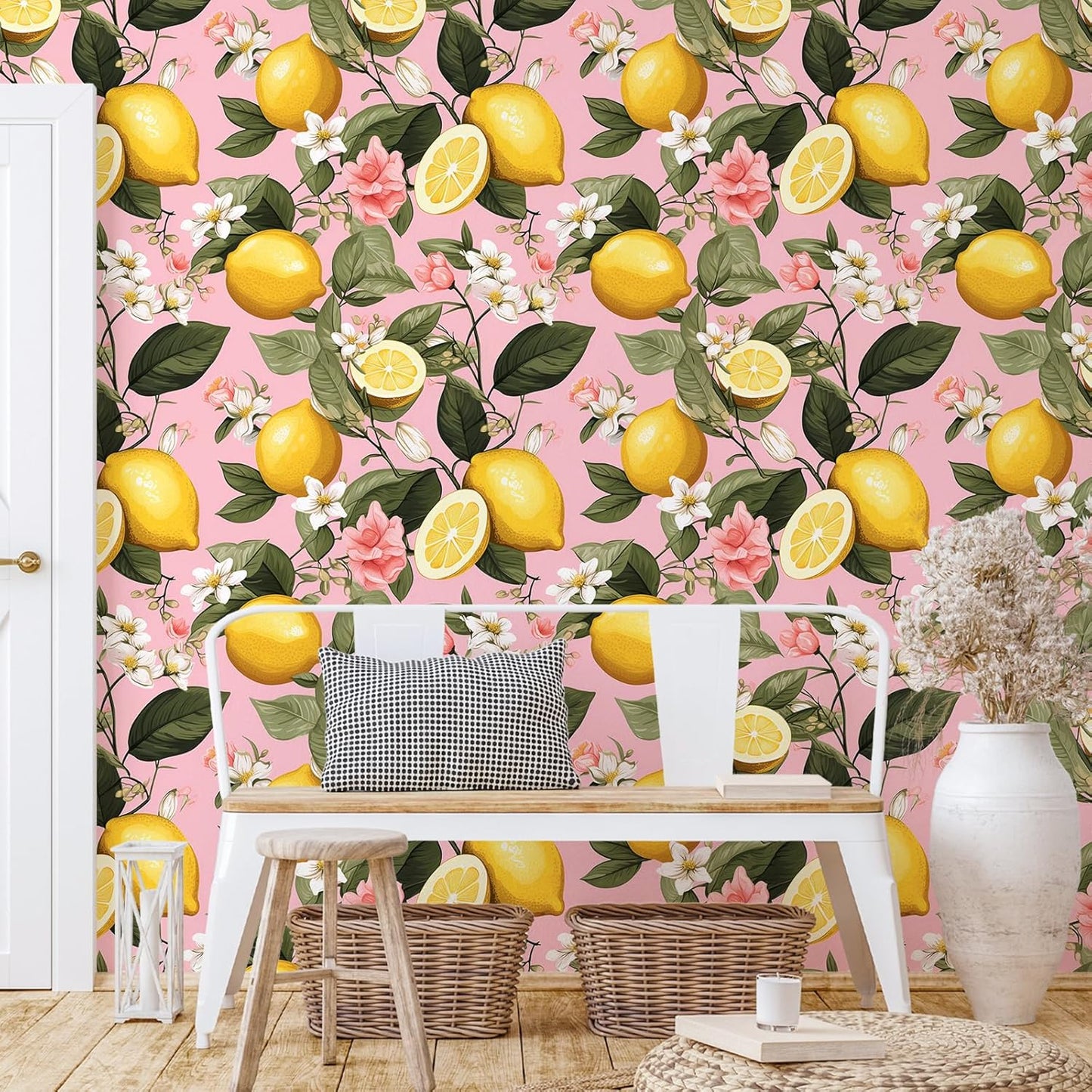 Pink Lemon Wallpaper Stick and Peel Waterproof Citrus Fruit Wallpaper for Kitchen Bedroom Nursery 17.7''x118'' Removable Pink Floral Wallpaper Prepasted Lemon Contact Paper for Cabinets Drawer
