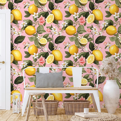 Pink Lemon Wallpaper Stick and Peel Waterproof Citrus Fruit Wallpaper for Kitchen Bedroom Nursery 17.7''x118'' Removable Pink Floral Wallpaper Prepasted Lemon Contact Paper for Cabinets Drawer
