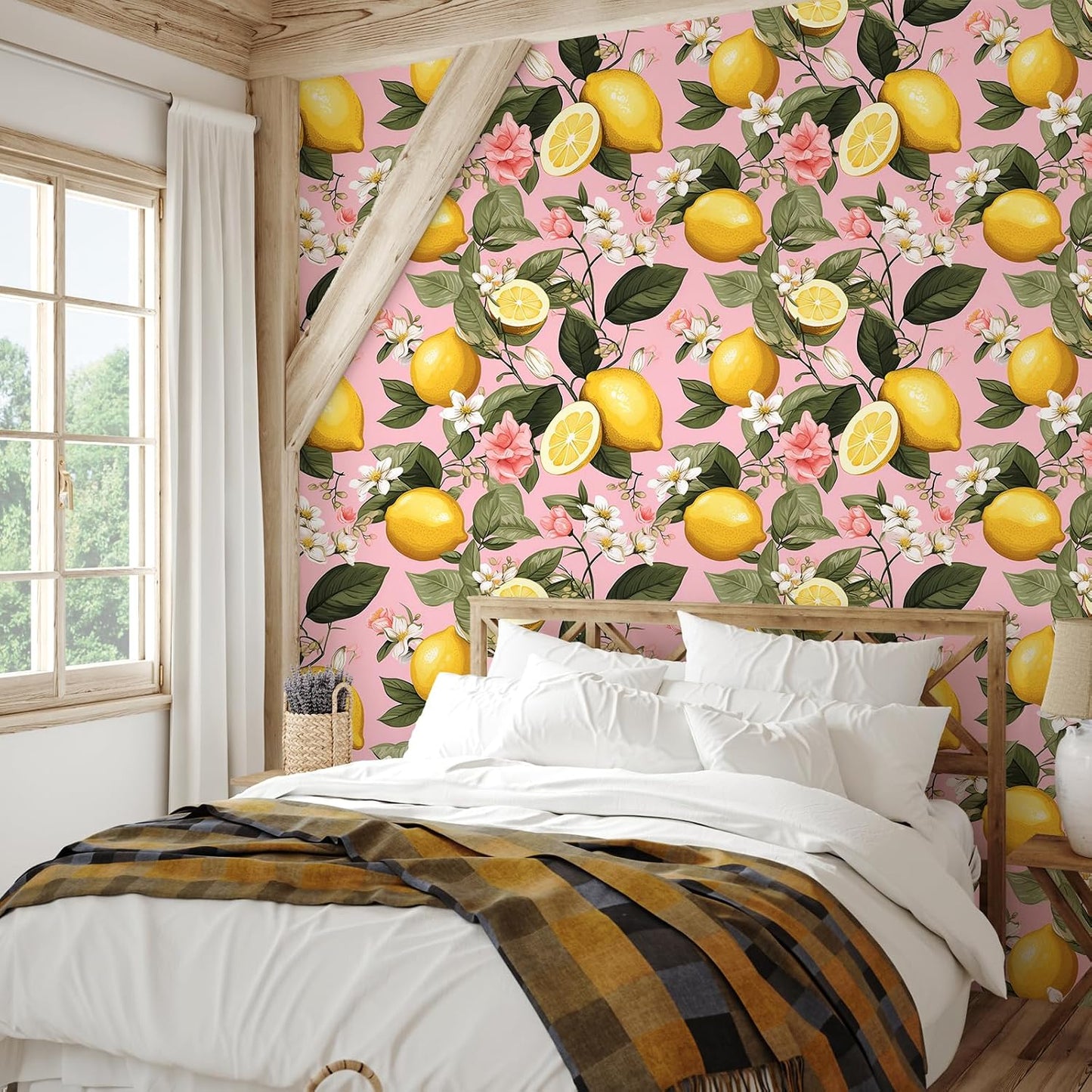 Pink Lemon Wallpaper Stick and Peel Waterproof Citrus Fruit Wallpaper for Kitchen Bedroom Nursery 17.7''x118'' Removable Pink Floral Wallpaper Prepasted Lemon Contact Paper for Cabinets Drawer