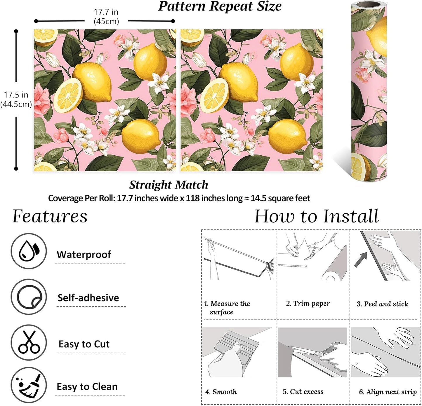 Pink Lemon Wallpaper Stick and Peel Waterproof Citrus Fruit Wallpaper for Kitchen Bedroom Nursery 17.7''x118'' Removable Pink Floral Wallpaper Prepasted Lemon Contact Paper for Cabinets Drawer