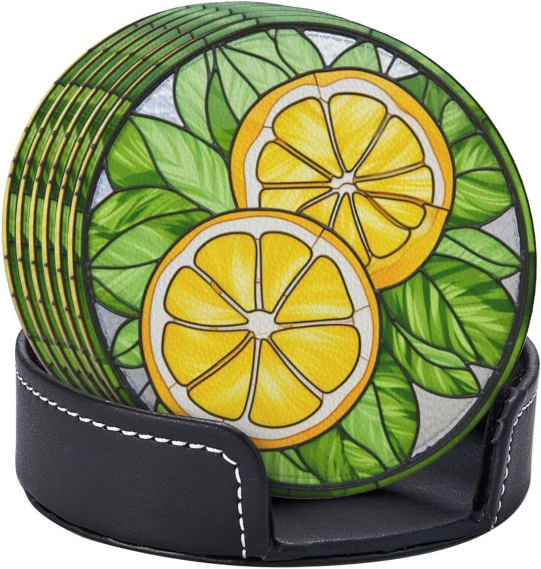 Lemon Coasters for Drinks - Leather Cup Set of 6 With Holder for Coffee Table, Wooden Table - Bar Decor Housewarming Gifts
