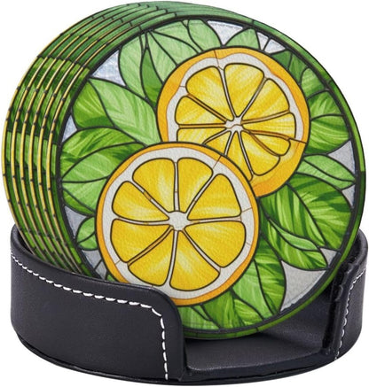 Lemon Coasters for Drinks - Leather Cup Set of 6 With Holder for Coffee Table, Wooden Table - Bar Decor Housewarming Gifts
