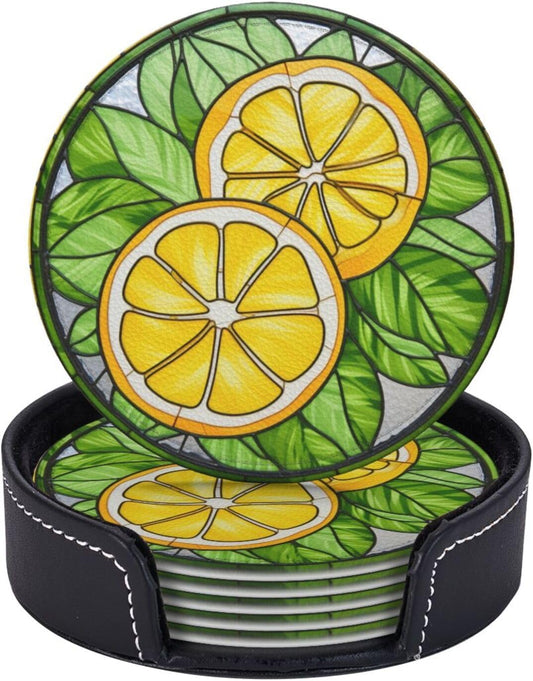Lemon Coasters for Drinks - Leather Cup Set of 6 With Holder for Coffee Table, Wooden Table - Bar Decor Housewarming Gifts