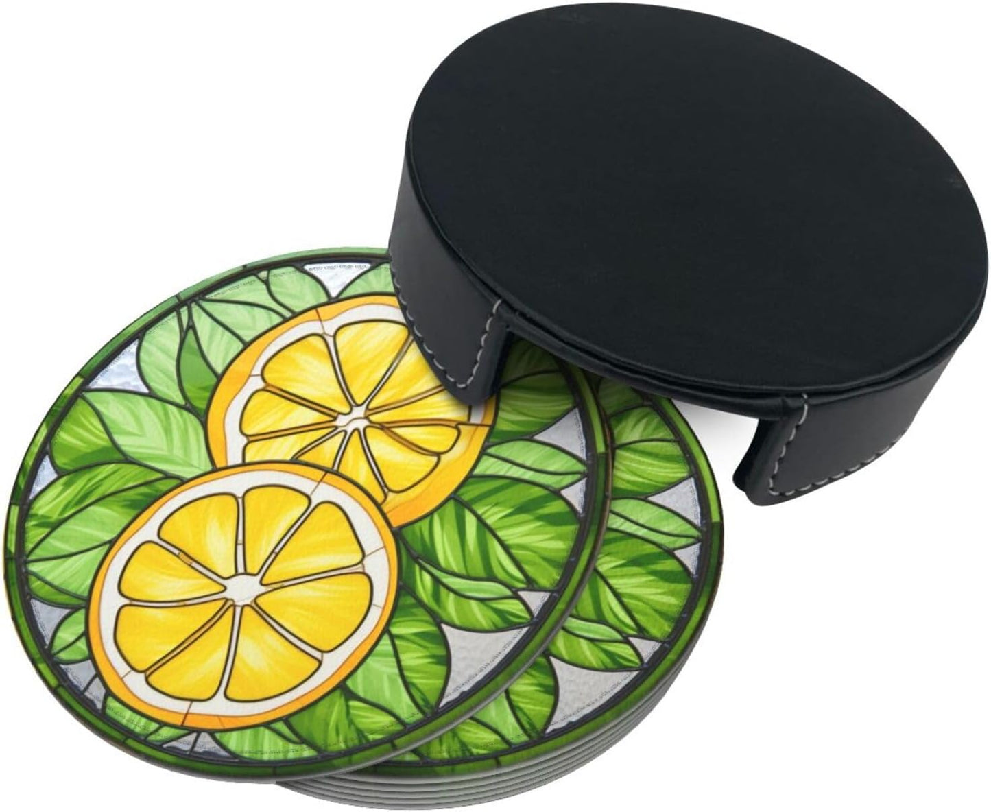Lemon Coasters for Drinks - Leather Cup Set of 6 With Holder for Coffee Table, Wooden Table - Bar Decor Housewarming Gifts